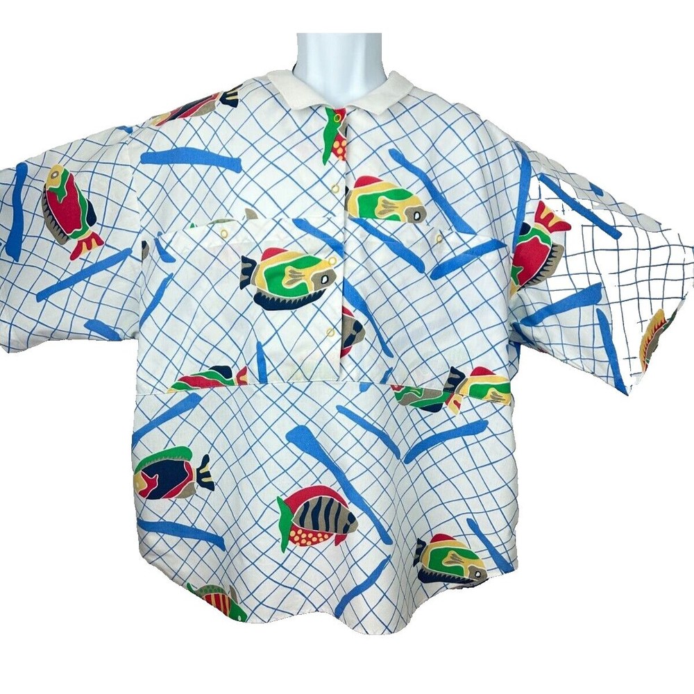 Levis Sportswear Vintage 1980's Fish Print Oversize Unisex Cotton Shirt XL - Picture 10 of 16